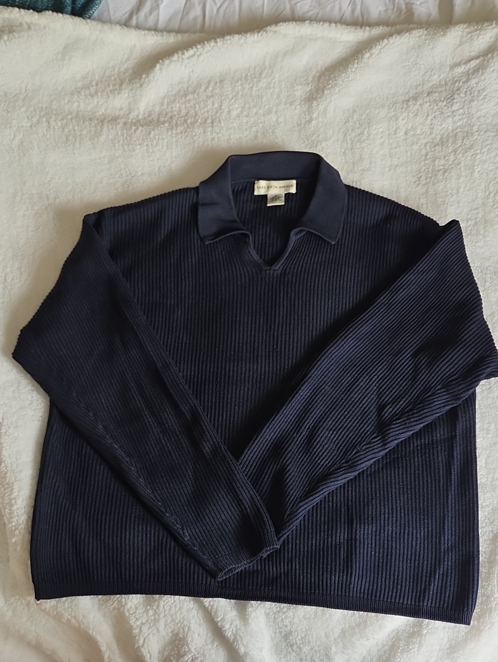 Saks Fifth Avenue 100% Silk Ribbed Johnny Collar Polo Sweater Men's Medium Navy